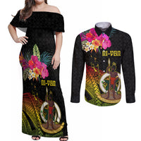 Vanuatu Ni-Van Couples Matching Off Shoulder Maxi Dress and Long Sleeve Button Shirt Coat of Arms Sand Drawing LT03 Black - Polynesian Pride