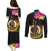 Vanuatu Ni-Van Couples Matching Puletasi and Long Sleeve Button Shirt Coat of Arms Sand Drawing LT03 - Polynesian Pride