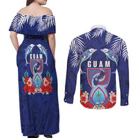 Guam Liberation Day Couples Matching Off Shoulder Maxi Dress and Long Sleeve Button Shirt The Tribal Latte Stone and Dolphins with Hibiscus Chamorro Culture