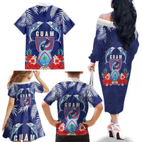 Guam Liberation Day Family Matching Off The Shoulder Long Sleeve Dress and Hawaiian Shirt The Tribal Latte Stone and Dolphins with Hibiscus Chamorro Culture