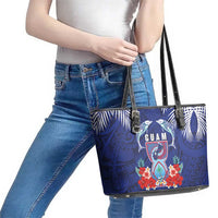Guam Liberation Day Leather Tote Bag The Tribal Latte Stone and Dolphins with Hibiscus Chamorro Culture