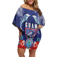 Guam Liberation Day Off Shoulder Short Dress The Tribal Latte Stone and Dolphins with Hibiscus Chamorro Culture