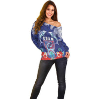 Guam Liberation Day Off Shoulder Sweater The Tribal Latte Stone and Dolphins with Hibiscus Chamorro Culture