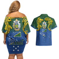 Solomon Islands Couples Matching Off Shoulder Short Dress and Hawaiian Shirt The Guardians-Tribal Crocodile and Shark Melanesian Tattoo
