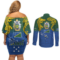 Solomon Islands Couples Matching Off Shoulder Short Dress and Long Sleeve Button Shirt The Guardians-Tribal Crocodile and Shark Melanesian Tattoo