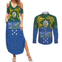 Solomon Islands Couples Matching Summer Maxi Dress and Long Sleeve Button Shirt The Guardians-Tribal Crocodile and Shark Melanesian Tattoo
