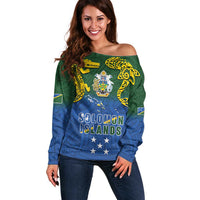 Solomon Islands Off Shoulder Sweater The Guardians-Tribal Crocodile and Shark Melanesian Tattoo