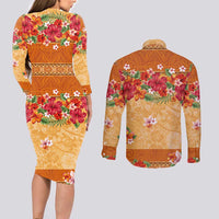 Hawaii Hibiscus Couples Matching Long Sleeve Bodycon Dress and Long Sleeve Button Shirt Turtles and Tribal Motifs Vintage Floral Style