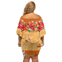 Hawaii Hibiscus Family Matching Off Shoulder Short Dress and Hawaiian Shirt Turtles and Tribal Motifs Vintage Floral Style