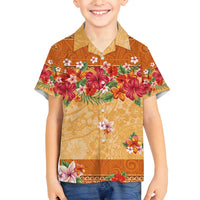 Hawaii Hibiscus Family Matching Off Shoulder Short Dress and Hawaiian Shirt Turtles and Tribal Motifs Vintage Floral Style