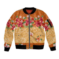 Hawaii Hibiscus Sleeve Zip Bomber Jacket Turtles and Tribal Motifs Vintage Floral Style LT03 Unisex Yellow - Polynesian Pride