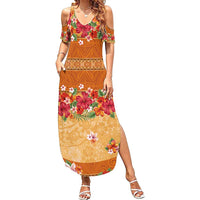Hawaii Hibiscus Summer Maxi Dress Turtles and Tribal Motifs Vintage Floral Style LT03 Women Yellow - Polynesian Pride