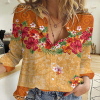 Hawaii Hibiscus Women Casual Shirt Turtles and Tribal Motifs Vintage Floral Style