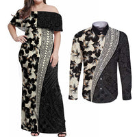Bula Hibiscus Festival Couples Matching Off Shoulder Maxi Dress and Long Sleeve Button Shirt Tapa Pattern Half Style