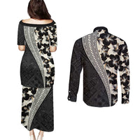 Bula Hibiscus Festival Couples Matching Puletasi and Long Sleeve Button Shirt Tapa Pattern Half Style