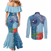 Fiji Day Couples Matching Mermaid Dress and Long Sleeve Button Shirt Tapa Pattern and Hibiscus Flower