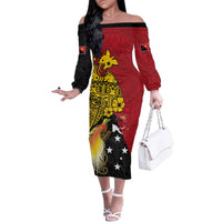 Papua New Guinea Independence Day Family Matching Off The Shoulder Long Sleeve Dress and Hawaiian Shirt Bird-of-Paradise with Map and Polynesian Pattern