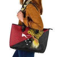 Papua New Guinea Independence Day Leather Tote Bag Bird-of-Paradise with Map and Polynesian Pattern LT03 Black - Polynesian Pride