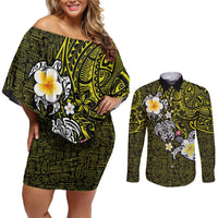Hawaiian Turtle and Plumeria Couples Matching Off Shoulder Short Dress and Long Sleeve Button Shirt Polynesian Tattoo and Tribal Elements Pattern Yellow Color LT03 Yellow - Polynesian Pride