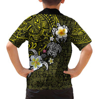 Hawaiian Turtle and Plumeria Family Matching Long Sleeve Bodycon Dress and Hawaiian Shirt Polynesian Tattoo and Tribal Elements Pattern Yellow Color