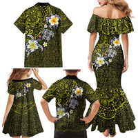 Hawaiian Turtle and Plumeria Family Matching Mermaid Dress and Hawaiian Shirt Polynesian Tattoo and Tribal Elements Pattern Yellow Color