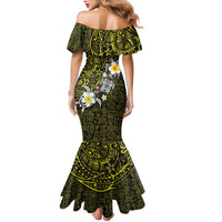 Hawaiian Turtle and Plumeria Family Matching Mermaid Dress and Hawaiian Shirt Polynesian Tattoo and Tribal Elements Pattern Yellow Color