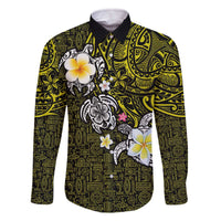 Hawaiian Turtle and Plumeria Family Matching Off Shoulder Short Dress and Hawaiian Shirt Polynesian Tattoo and Tribal Elements Pattern Yellow Color LT03 Dad's Shirt - Long Sleeve Yellow - Polynesian Pride