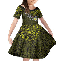 Hawaiian Turtle and Plumeria Family Matching Tank Maxi Dress and Hawaiian Shirt Polynesian Tattoo and Tribal Elements Pattern Yellow Color LT03 Daughter's Dress Yellow - Polynesian Pride