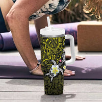 Hawaiian Turtle and Plumeria Tumbler With Handle Polynesian Tattoo and Tribal Elements Pattern Yellow Color LT03 - Polynesian Pride