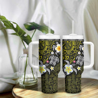 Hawaiian Turtle and Plumeria Tumbler With Handle Polynesian Tattoo and Tribal Elements Pattern Yellow Color LT03 - Polynesian Pride