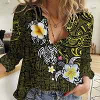 Hawaiian Turtle and Plumeria Women Casual Shirt Polynesian Tattoo and Tribal Elements Pattern Yellow Color