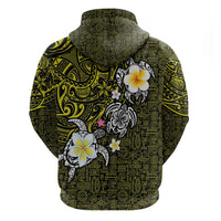 Hawaiian Turtle and Plumeria Zip Hoodie Polynesian Tattoo and Tribal Elements Pattern Yellow Color