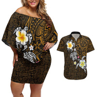 Hawaiian Turtle and Plumeria Couples Matching Off Shoulder Short Dress and Hawaiian Shirt Polynesian Tattoo and Tribal Elements Pattern Orange Color LT03 Orange - Polynesian Pride