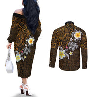 Hawaiian Turtle and Plumeria Couples Matching Off The Shoulder Long Sleeve Dress and Long Sleeve Button Shirt Polynesian Tattoo and Tribal Elements Pattern Orange Color