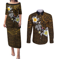 Hawaiian Turtle and Plumeria Couples Matching Puletasi and Long Sleeve Button Shirt Polynesian Tattoo and Tribal Elements Pattern Orange Color LT03 Orange - Polynesian Pride