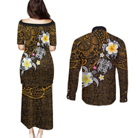 Hawaiian Turtle and Plumeria Couples Matching Puletasi and Long Sleeve Button Shirt Polynesian Tattoo and Tribal Elements Pattern Orange Color LT03 - Polynesian Pride