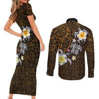 Hawaiian Turtle and Plumeria Couples Matching Short Sleeve Bodycon Dress and Long Sleeve Button Shirt Polynesian Tattoo and Tribal Elements Pattern Orange Color