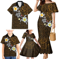 Hawaiian Turtle and Plumeria Family Matching Mermaid Dress and Hawaiian Shirt Polynesian Tattoo and Tribal Elements Pattern Orange Color