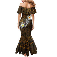 Hawaiian Turtle and Plumeria Family Matching Mermaid Dress and Hawaiian Shirt Polynesian Tattoo and Tribal Elements Pattern Orange Color