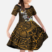 Hawaiian Turtle and Plumeria Kid Short Sleeve Dress Polynesian Tattoo and Tribal Elements Pattern Orange Color