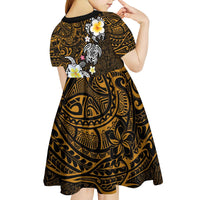 Hawaiian Turtle and Plumeria Kid Short Sleeve Dress Polynesian Tattoo and Tribal Elements Pattern Orange Color