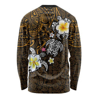 Hawaiian Turtle and Plumeria Long Sleeve Shirt Polynesian Tattoo and Tribal Elements Pattern Orange Color LT03 - Polynesian Pride