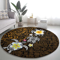 Hawaiian Turtle and Plumeria Round Carpet Polynesian Tattoo and Tribal Elements Pattern Orange Color