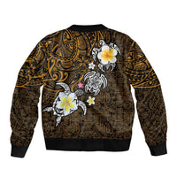 Hawaiian Turtle and Plumeria Sleeve Zip Bomber Jacket Polynesian Tattoo and Tribal Elements Pattern Orange Color