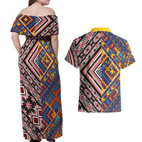 Tuvaluan and New Zealand Culture Couples Matching Off Shoulder Maxi Dress and Hawaiian Shirt The Art of Kolose and Taniko - Polynesian Pride