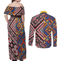 Tuvaluan and New Zealand Culture Couples Matching Off Shoulder Maxi Dress and Long Sleeve Button Shirt The Art of Kolose and Taniko - Polynesian Pride