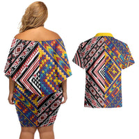 Tuvaluan and New Zealand Culture Couples Matching Off Shoulder Short Dress and Hawaiian Shirt The Art of Kolose and Taniko - Polynesian Pride