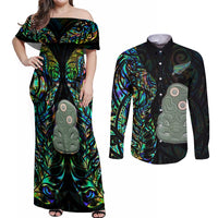 New Zealand Couples Matching Off Shoulder Maxi Dress and Long Sleeve Button Shirts Silver Fern and Hei Tiki with Papua Shell Maori Tribal LT03 Black - Polynesian Pride