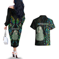 New Zealand Couples Matching Off The Shoulder Long Sleeve Dress and Hawaiian Shirt Silver Fern and Hei Tiki with Papua Shell Maori Tribal LT03 - Polynesian Pride