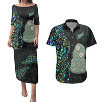 New Zealand Couples Matching Puletasi Dress and Hawaiian Shirt Silver Fern and Hei Tiki with Papua Shell Maori Tribal LT03 Black - Polynesian Pride